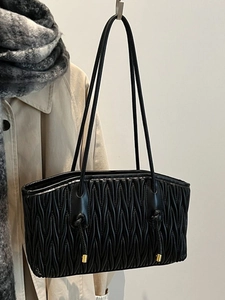 Fashion Pleated Matelassé Tote Bag For Women Soft PU Leather Large Capacity Shoulder Bag With Drawstring Commuting Handbag