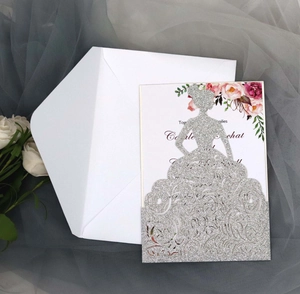 Laser cut silver glitter wedding invitation set with bridal gown design and floral insert