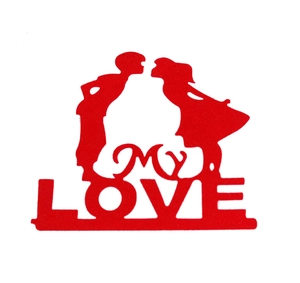 Red laser-cut Happy Birthday cake topper featuring a romantic couple and Love design