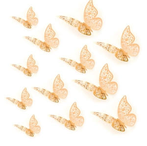 Detail of 3D metallic hollow butterflies with intricate floral laser cut patterns