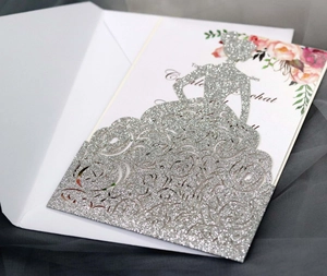 Elegant silver glitter laser-cut wedding invitation card with female silhouette and envelope