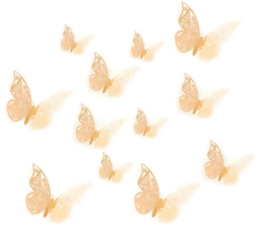 Detailed laser-cut hollow patterns on 3D gold butterfly wall stickers in multiple sizes