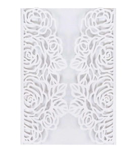 Intricate laser-cut white wedding invitation featuring elegant rose lace hollow patterns