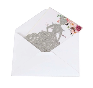 Silver glitter laser-cut bride dress wedding invitation card with floral insert and envelope