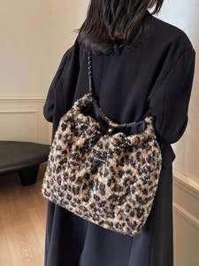 Furry leopard print tote bag for women with plush texture and stylish crossbody straps