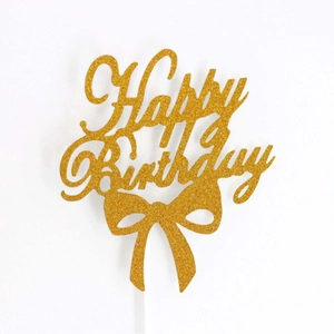 Glitter gold Happy Birthday cake topper with laser cut bow design for party decoration