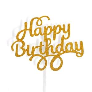 Golden glitter Happy Birthday cake topper with laser-cut hollow design for party decoration