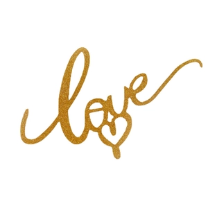 Golden glitter Love cake topper with laser-cut heart detail for romantic events