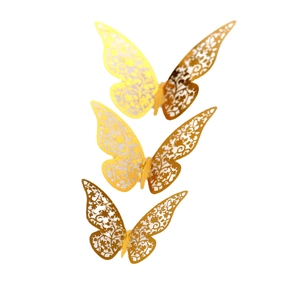 Set of 3 3D hollow butterfly wall stickers in golden metallic finish with floral patterns