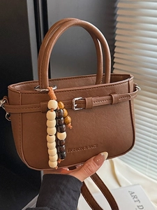 Vintage PU Leather Small Square Crossbody Bag For Women With Wooden Bead Charm Fashion Simple Handbag Casual Shoulder Bag