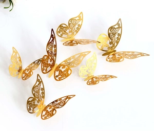 3D metallic gold hollow-out butterfly wall stickers in various sizes for home party decor