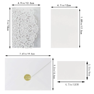 Laser cut invitation set dimensions showing outer shell, inner card and envelopes