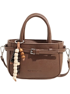 Brown vintage faux leather square handbag with wooden bead charm and crossbody strap