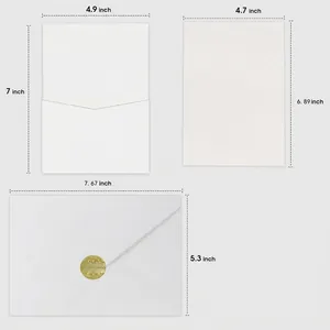 Minimalist wedding invitation set with envelopes and sizing dimensions displayed on white