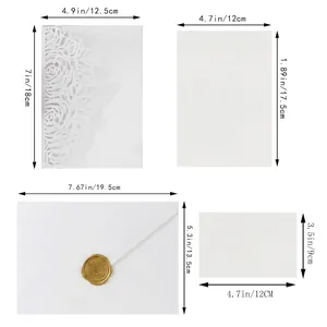 Laser cut blue rose wedding invitation set with size chart and envelope dimensions