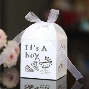 Blue 'It's A Boy' baby shower gift box with stroller hollow design and white ribbon