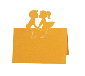 Golden laser-cut table card featuring a romantic kissing couple silhouette for weddings