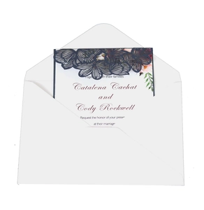 Laser cut navy blue floral wedding invitation suite with white inner card and envelope