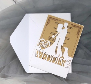 Laser cut white wedding invitation set with Mr & Mrs silhouette and kraft insert