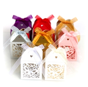 Laser cut butterfly wedding candy boxes with ribbons in multiple assorted colors