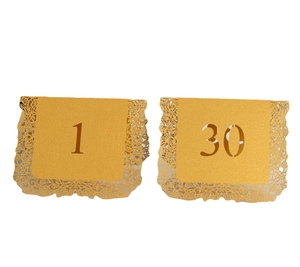 Gold laser-cut wedding table numbers 1-30 with elegant rose lace hollow design