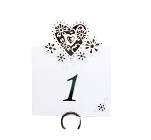 Laser-cut white heart wedding table number 1 card with metal ring for seating