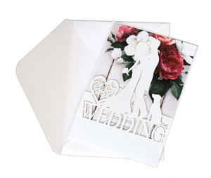 Elegant laser cut white wedding invitation set with Mr & Mrs silhouette and floral inner card