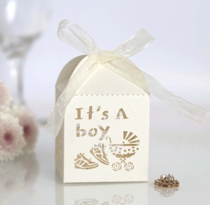 Detail showing laser-cut 'It's A Boy' pattern on cream baby shower gift candy box