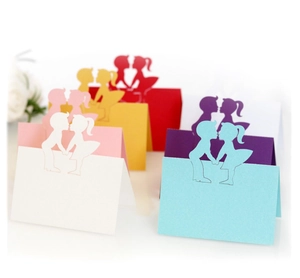 Hollow kissing couple place cards in multiple colors for wedding table settings
