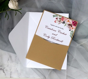 Laser cut hollow wedding invitation set with floral card, kraft sleeve and white envelope