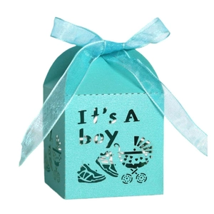 Blue laser cut baby shower candy box with It's A boy text and stroller pattern