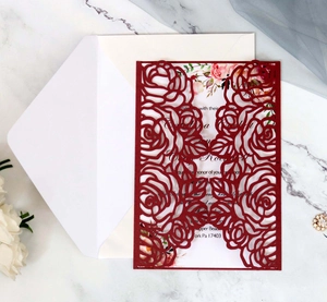 Detailed laser-cut rose hollow wedding invitation set in deep red with elegant inner card