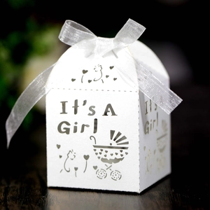 Detailed laser-cut baby carriage candy box with It's A Girl text and organza ribbon
