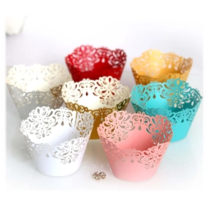 Laser cut lotus lace cupcake wrappers in multiple pearlescent colors for party decoration