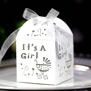 Detailed white laser-cut 'It's A Girl' baby shower gift box with stroller design