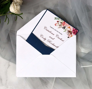Detailed view of navy blue laser cut wedding invitation set with floral card and white envelope