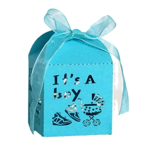 Light blue It's a Boy laser cut gift box with baby stroller pattern and ribbon