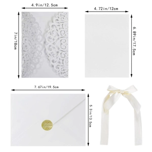 Laser cut lace wedding invitation set with ribbon and floral hollow design in white