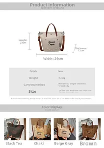 Size chart showing canvas tote dimensions for handheld, shoulder, and crossbody wear