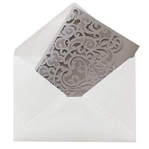 Detailed laser-cut silver vine pattern wedding invitation with white envelope set