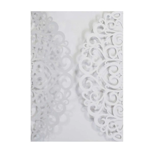 Detailed laser-cut hollow lace pattern on elegant white paper wedding invitation cover