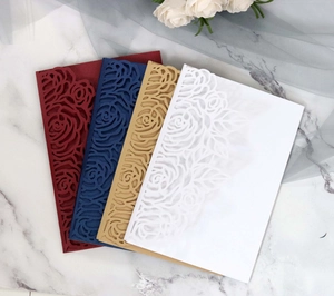 Laser cut rose floral invitations in navy, burgundy, champagne and white cardstock