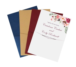 Elegant floral wedding invitation set in navy, gold, burgundy and white pearlescent paper