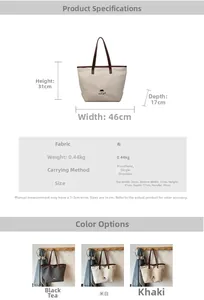 Detailed size specifications and three color options for the canvas tote travel bag