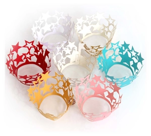 Laser cut star pattern cupcake wrappers in multiple vibrant colors for party decorations