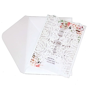 European style white laser-cut rose lace wedding invitation set with floral inner card