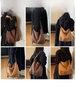 Detail shots of brown vintage suede bucket bag showing multi-angle shoulder carry views