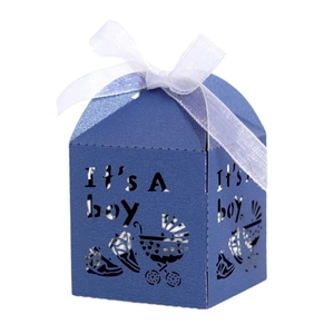 Blue laser-cut 'It's A boy' candy box with baby stroller icons and white ribbon bow