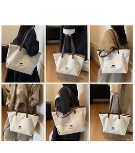 Detailed model views of an off-white canvas tote bag with brown leather straps