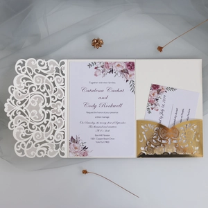 Detailed laser-cut hollow wedding invitation set in burgundy with gold mirror lining
